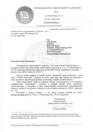 Treść wniosku wysłana do Dyrektora Mazowieckiego Oddziału NFZ 